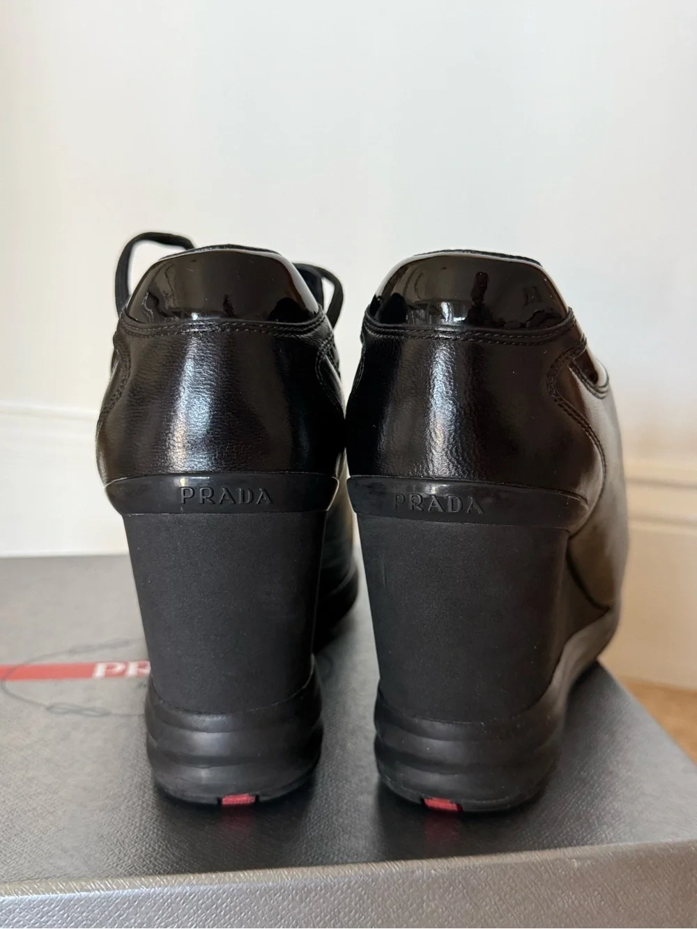 Prada Black Leather Wedge Sneakers